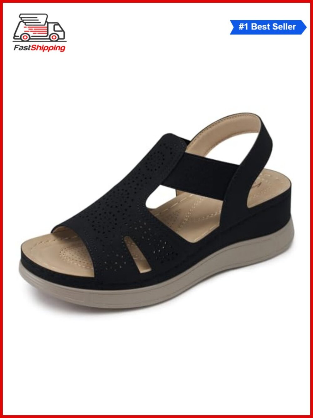Wedge Sandals Women Comfortable Low Heel Faux Leather Arch Support Slip On